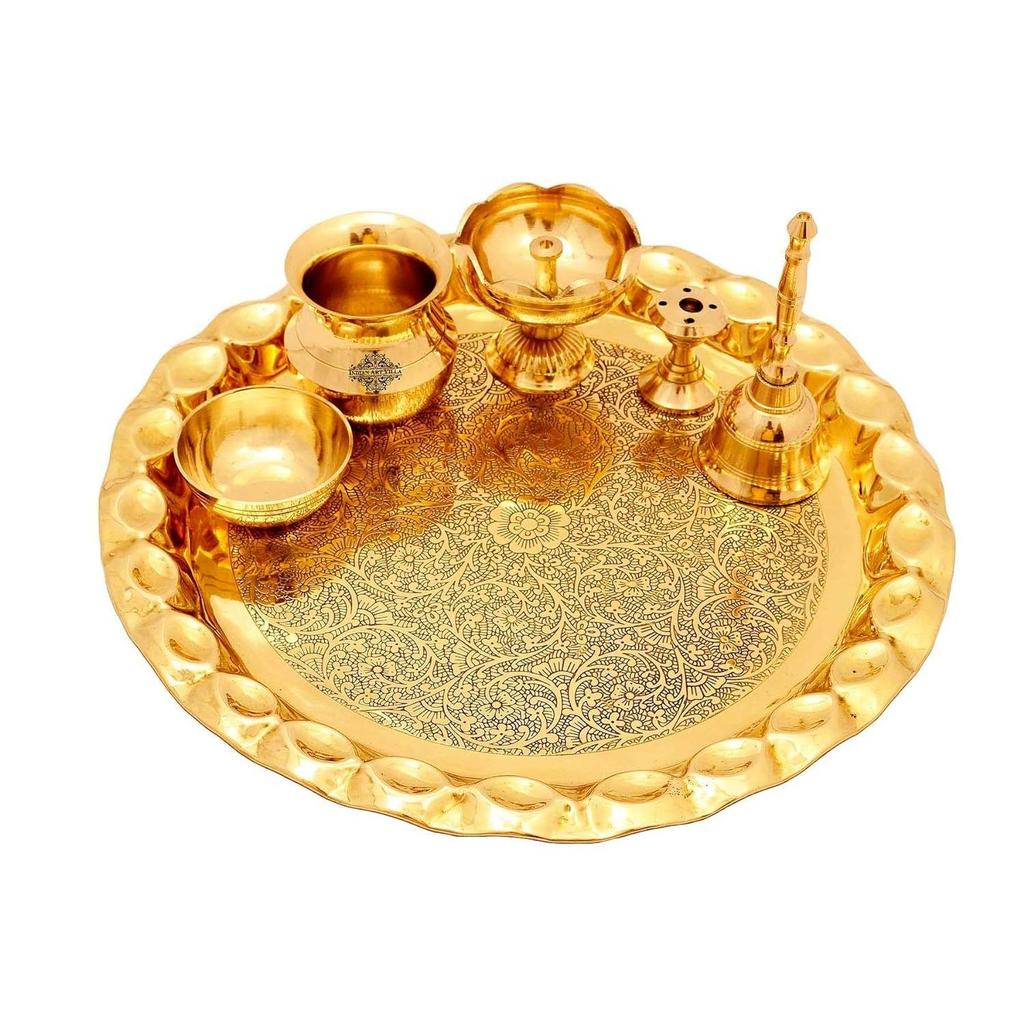 Pure Brass Pooja Thali Set with Floral Vines Embossed Design, Religious Spiritual Item, Home Temple, DIameter-10.1" Inch