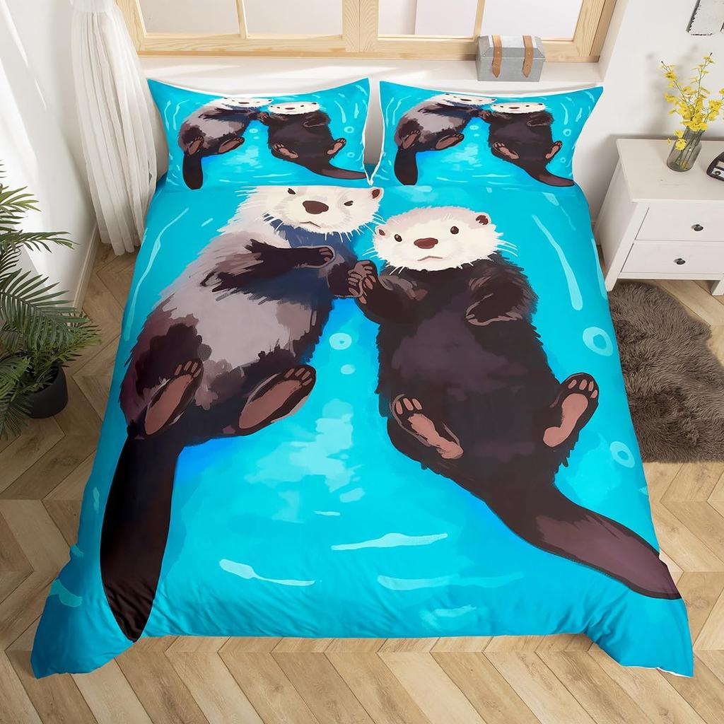 Sea Otter Duvet Cover Set Ocean Creature Otter Toddler Soft Polyester Bedding Set Cute Cartoon Animal Print Comforter Cover Sets
