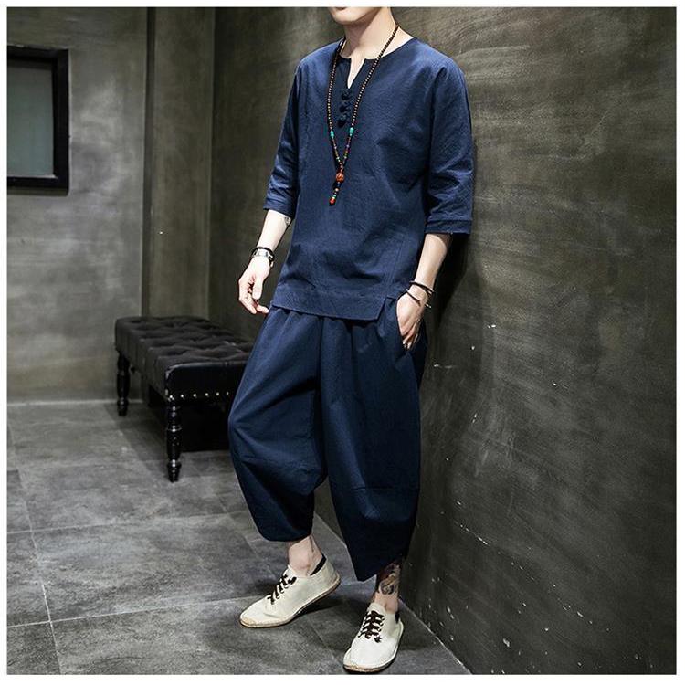 Men's Linen 7-point Short-sleeved T-shirt Two-piece Chinese Style Cotton and Linen Men's Clothing Plus Size