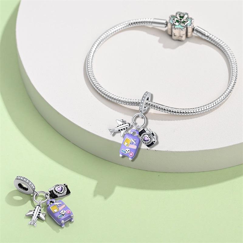 925 Silver Travel Charm Beads Purple Luggage Pendant for DIY Bracelet Women Jewelry Gift Vacation Style Accessories