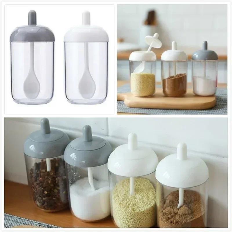 Kitchen Supplies Small Storage Bottle Spice Jar Lid Spoon Set Plastic Herb Condiment Tins Salt Storage Container Seal Box Pepper