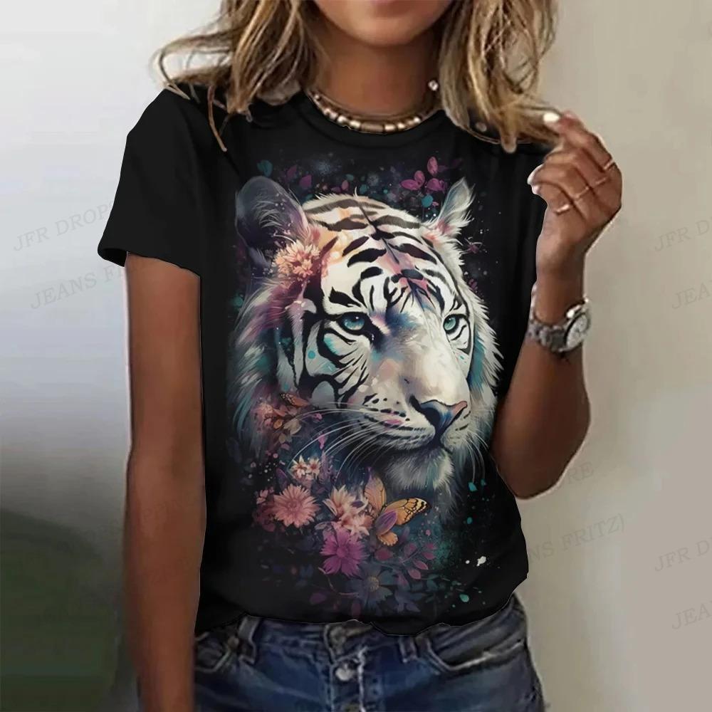 Summer Tiger Pattern T-shirt Animal 3d Printing Women's Casual Round Neck Short-sleeved Retro Y2k Harajuku Top Women's Clothing