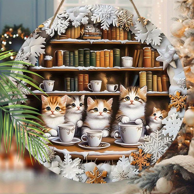 2D Flat Hanging Decorative Signs,interior Wall or Door Decoration,garden Dec,the Pattern Is Bookshelf and Cute Kitten,a Housewarming Gift for Friends