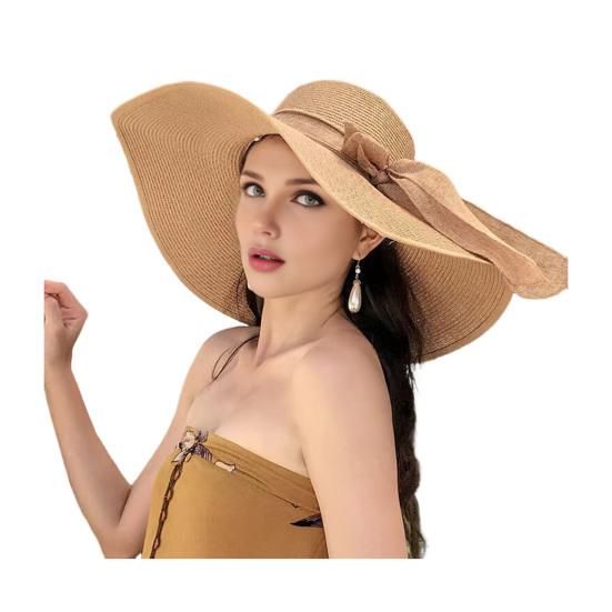 Women Straw Hat Wide Brim Breathable Lightweight Sun Protection Hat with Lace-up Bowknot Decor Sun Hat