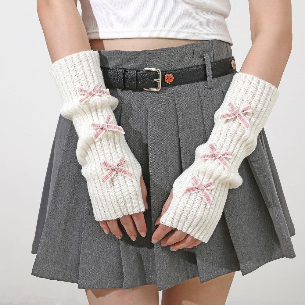 Y2K Bow Fingerless Gloves Thicken Hands Free Gloves Fashion Long Knit Arm Warmers Autumn