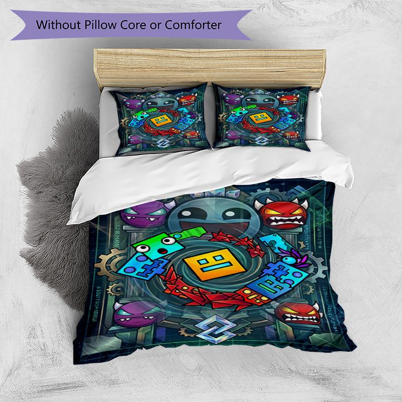 3pcs Duvet Cover Set (1*Duvet Cover + 2*Pillowcase, Without Core), Geometry Dash Print Bedding Set, Bedroom Decor, All‑Season, Birthday Gift
