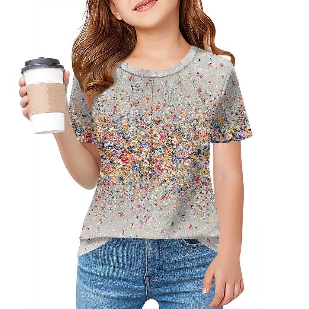 Детская футболка Fold A для девочек, летняя модная куртка с круглым воротником и цветочным принтом с короткими рукавами