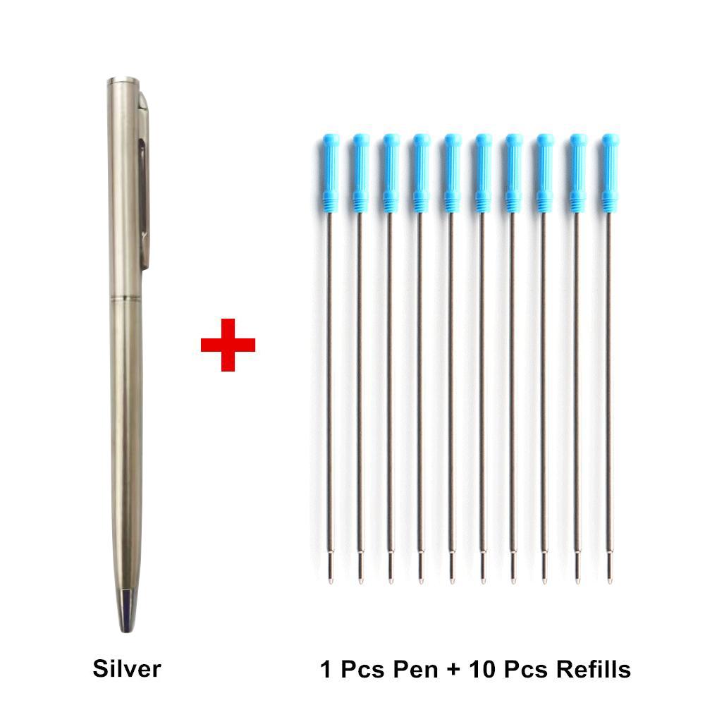 1 ручка + 10 стержней, металлическая шариковая ручка со стержнями для школы, офиса, материал из нержавеющей стали, вращающиеся канцелярские принадлежности, ручки