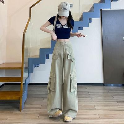 Дизайн светло-серого цвета Рабочие прямые джинсы с несколькими карманами для женщин Новые джинсы с высокой посадкой и эффектом похудения Драпированные брюки широкие от бедра