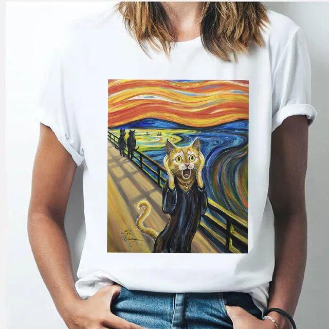 Oil Painting Cat Women's Fashion Personality Spoof Classic Oil Painting T-shirt Women Clothing Tops Harajuku Aesthetic Oversized