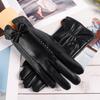 Warm Gloves for Women PU Leather Gloves New Style Bows Outdoor Riding Plus Velvet Cold-proof Touch Screen Autumn and Winter Gloves