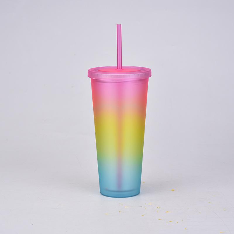 Rainbow Color Wind Double-Layer Plastic Straw Cup Matte Easy Cup Outdoor Sports Water Cup