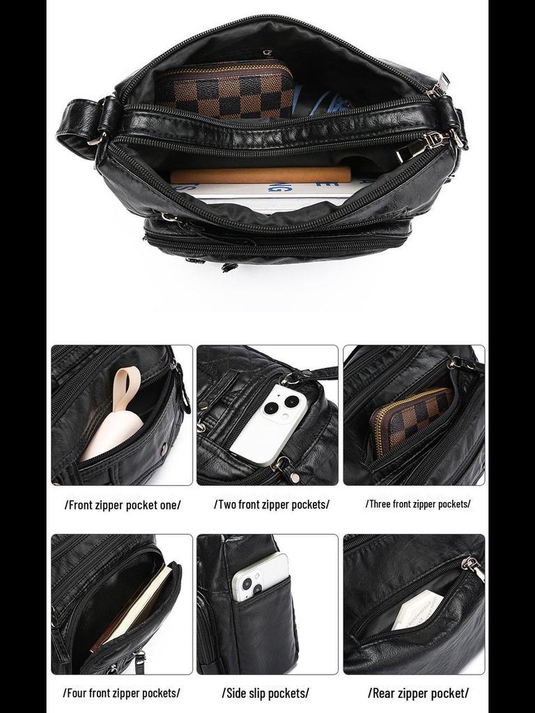 Женская мягкая кожаная многослойная сумка-мессенджер с несколькими отделениями