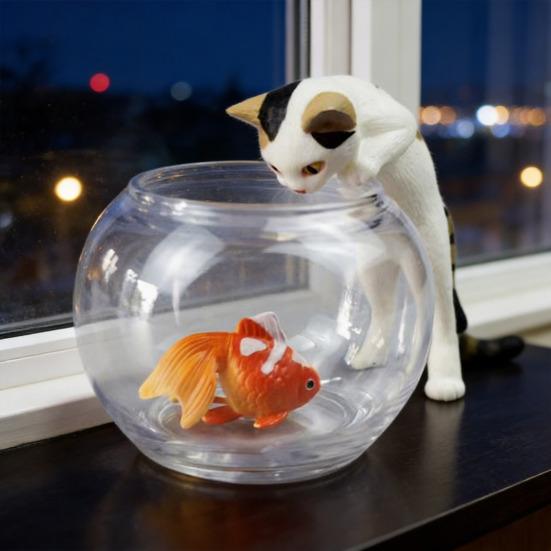 4 шт. Милая фигурка кошки и золотой рыбки в аквариуме, маленький аквариумный животный орнамент для украшения рабочего стола дома