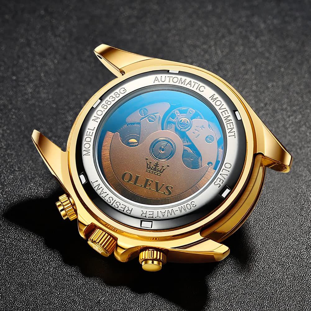 OLEVS Gold Популярные часы с автоматическим заводом, золотым ремешком, водонепроницаемостью 3 АТМ, светящимся календарем, датой, скелетонированным черным цветом, мужские