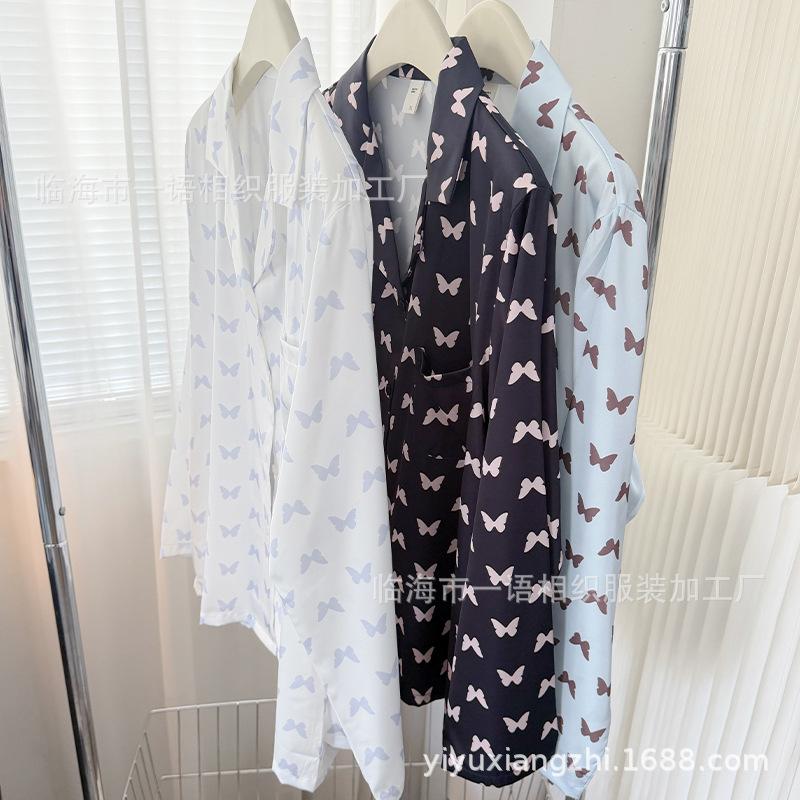 1011 autumn new three-color butterfly ice silk pajamas Internet celebrity explosion ultra-thin lapel women's loungewear