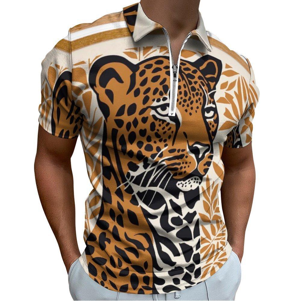 Zebra & Tropical Print Short Sleeve Zip-up Polo, Stylish Casual Top