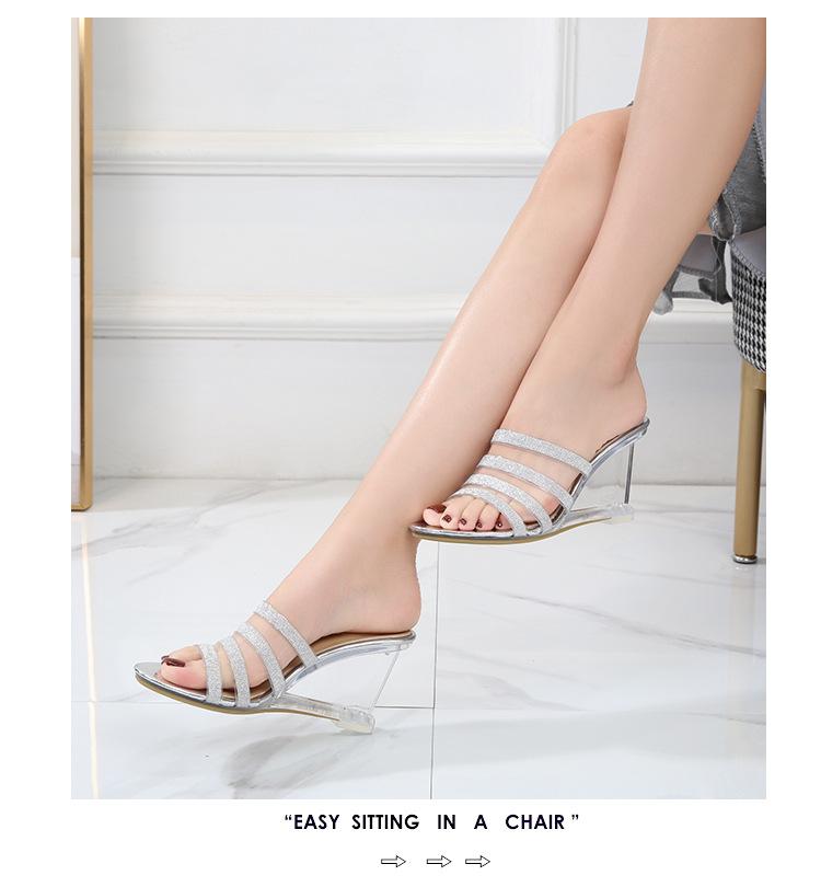 Женская летняя универсальная женская обувь на высоком каблуке со стразами, простые босоножки на наклонном каблуке, прозрачный каблук LFD