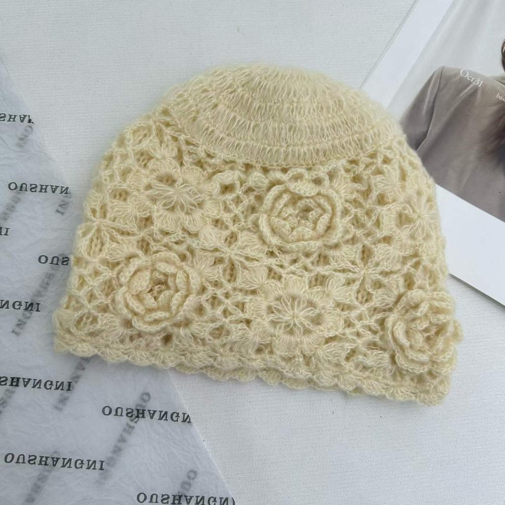 Retro style hand-crocheted crochet double-layer hat women's autumn and winter fashion foreign style warm wool hat knitted hat