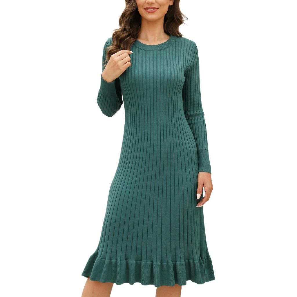 Women's Fashion  Winter Slim Mid-length Knitted Pullover Ruffled Pleated Dress Pleats