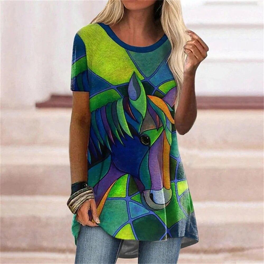 New Summer Casual Women Tshirt Loose Flower Digital 3D Printing Short Sleeve O-neck Pullovers Top Fashion Daily Street Tees