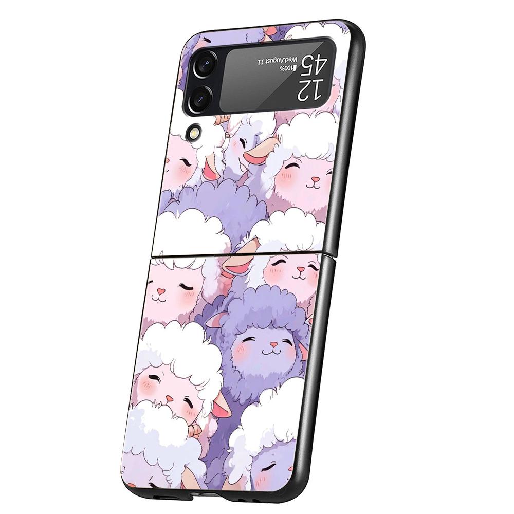 Hard PC Phone Case For Samsung Galaxy Z Flip 7 6 5 4 Black Cover For Galaxy Z Flip 3 Foldable Capas Cute Little Lamb Angel Sheep