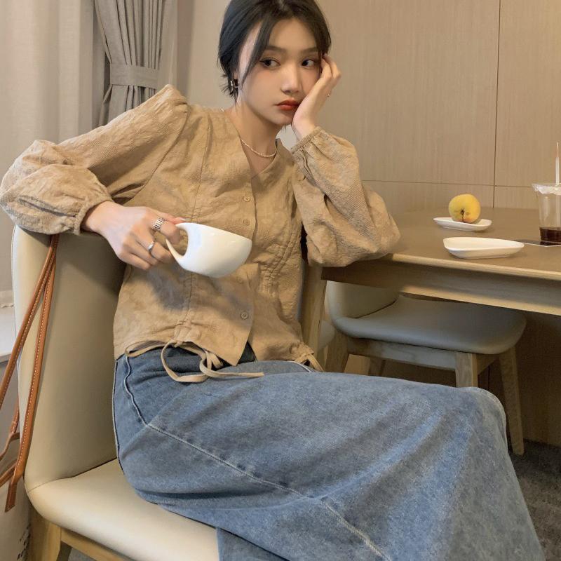 Модная женская блузка трапециевидной формы с v-образным вырезом и завязками на талии, рубашка с длинными рукавами, женские элегантные весенние топы