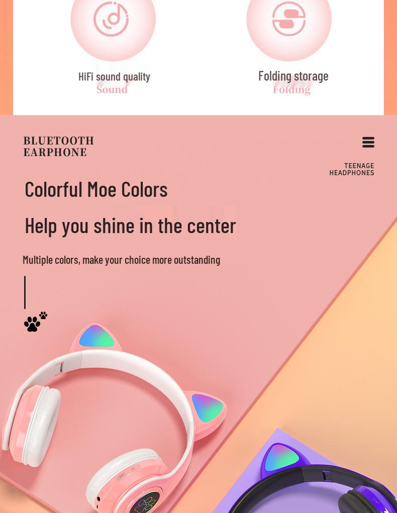 Светящаяся Bluetooth-гарнитура с ушками кошки B39: Складной, Слот для карт, Беспроводные наушники, Универсальная совместимость