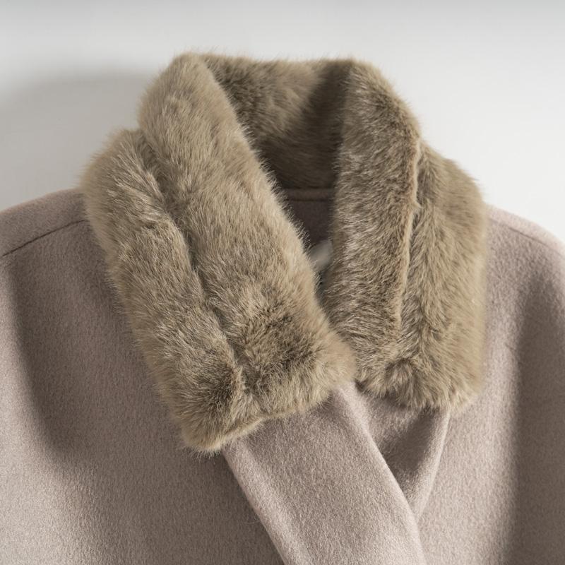 Maslan Autumn and Winter Fashion Faux Fur Scarf Ivory Button Woolen Coat
