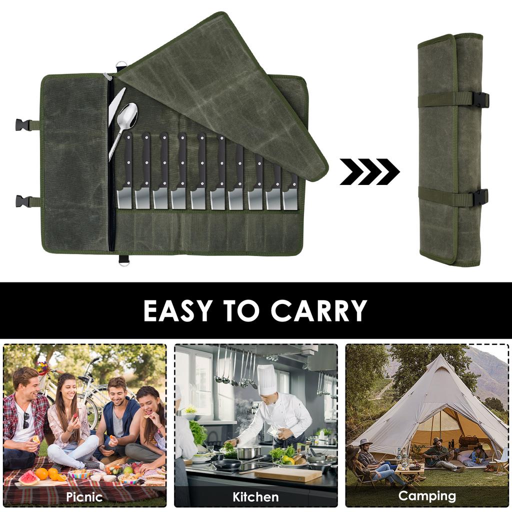 10 Slots Knife Roll Bag Waterproof Canvas Chef Knife Bag with Zipper Pocket Portable Durable Storage Pockets for Cutting Tools