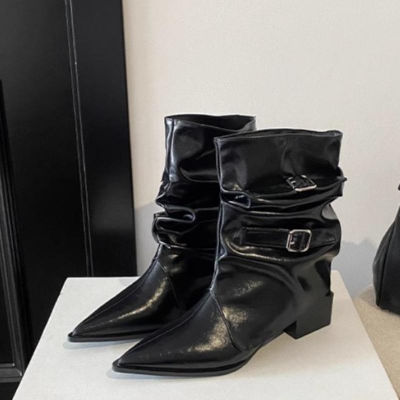 Ботильоны с острым носком, с пряжкой на ремне и блочным каблуком, женские, модные весенне-осенние, плиссированные, облегающие, средней высоты, с голенищем-гармошкой