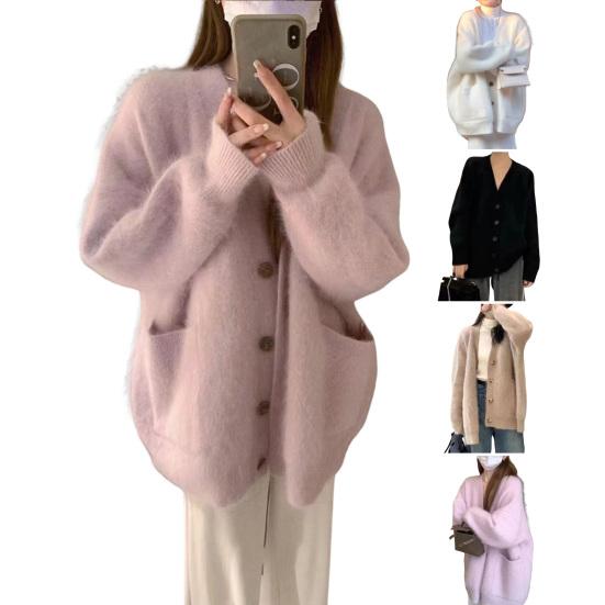 Women's Fuzzy Cardigan V Neck Button Down Oversized Fluffy Coat