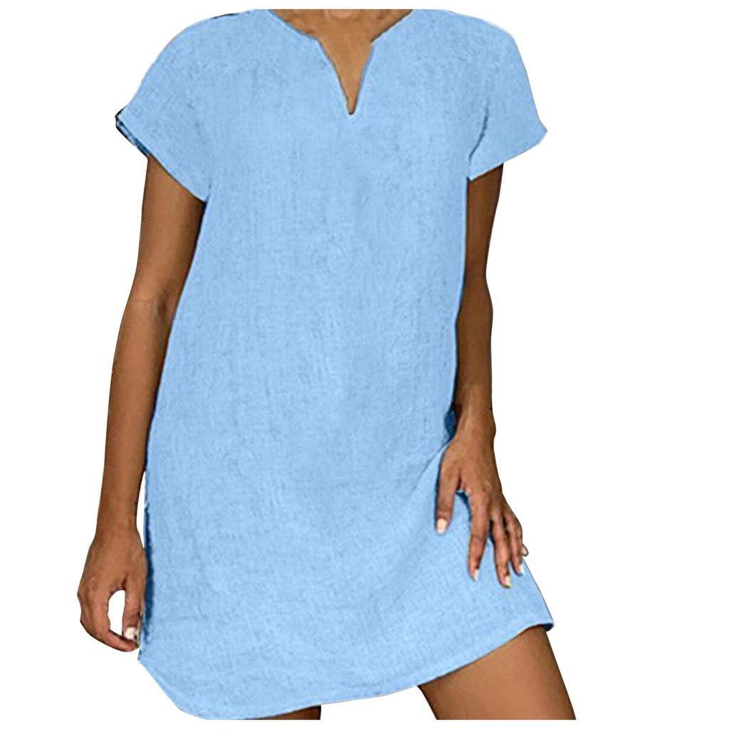 Женская мода, летняя свободная юбка, хлопковое льняное платье с коротким рукавом и v-образным вырезом