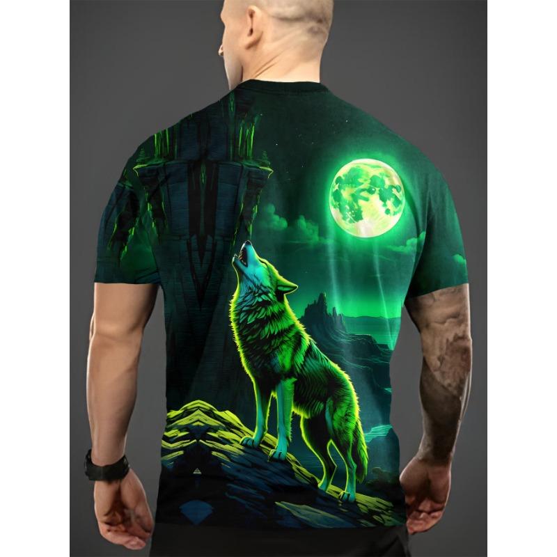 Men's Green Wolf 3D Printed T-Shirt Casual Short Sleeve Crewneck Top Cool Glowing Moon Animal Graphic Tee Trendy Streetwear Summer Fashion Clothes
