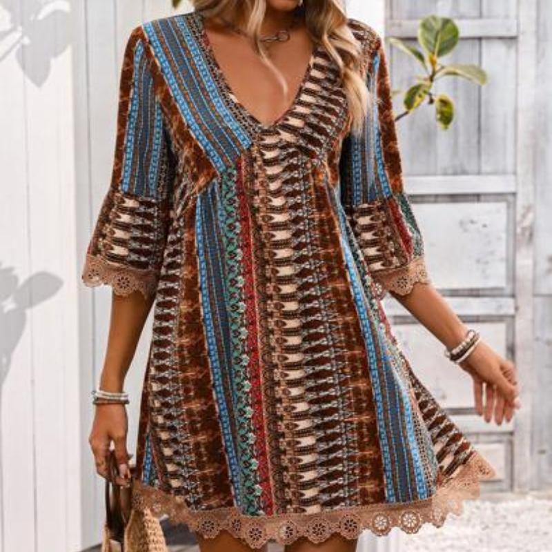 Винтажное принтованное платье для женщин, модное бохо, сексуальное, с V-образным вырезом, с длинным рукавом, свободные платья для женщин, летние праздничные платья, женская одежда, новинка