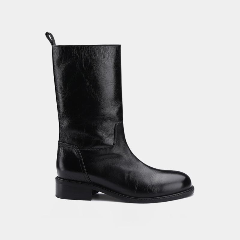 Cowhide Retro Premium Wide Leather Western Boots Thick Heel Medium Tube Knight Short Boots Women's Autumn and Winter Martin Boots