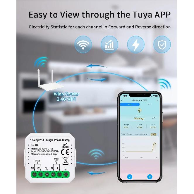 Tuya Smart Wifi Energy Meter Current Sensor Statistician for Solar PV System Home Power Monitor 110-240V 80A Single Phase Clamp
