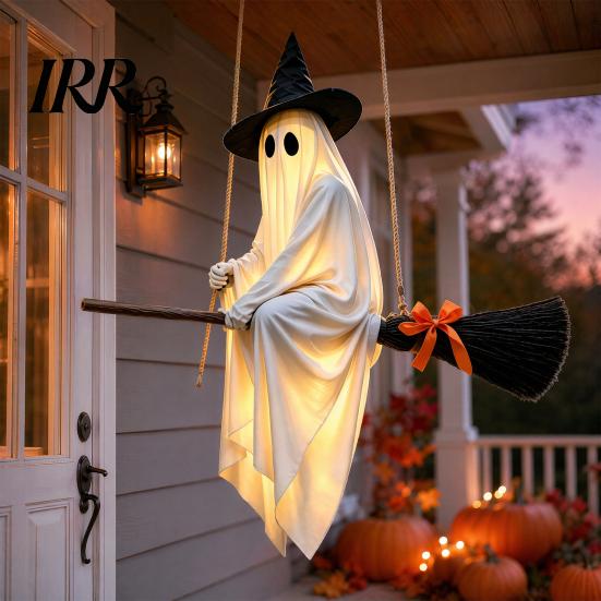 Playful Ghost Face Decoration Halloween Hanging Outdoor Decoration, Spooky LED Light Up Witch with Orange Bow Accents on Broom for Home, Tree, Porch,