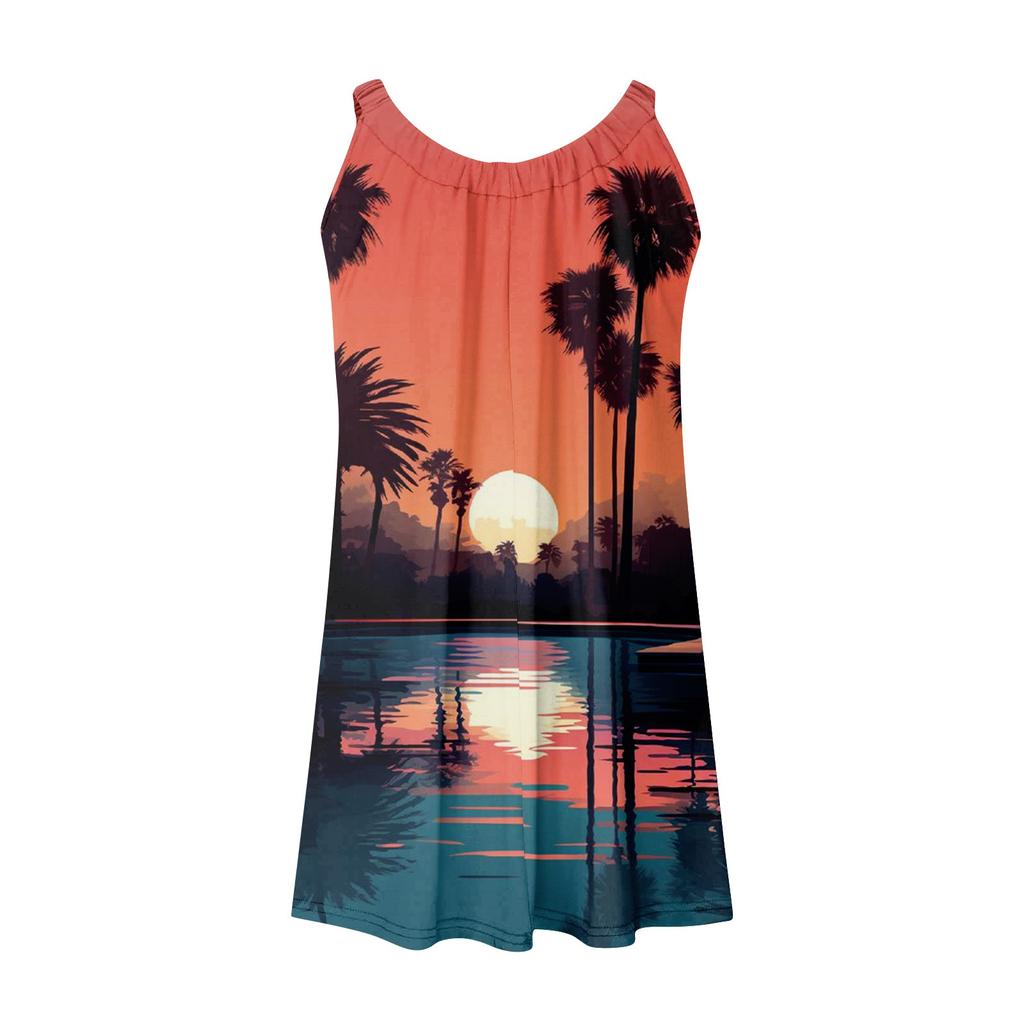 Женское модное летнее пляжное повседневное милое платье на бретельках без рукавов с принтом