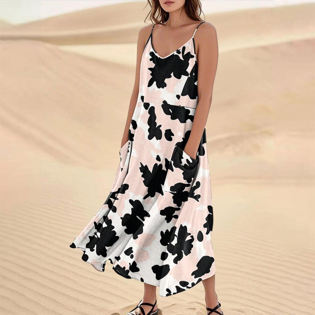 Женское модное повседневное длинное пляжное платье без рукавов с карманом и цветочным принтом