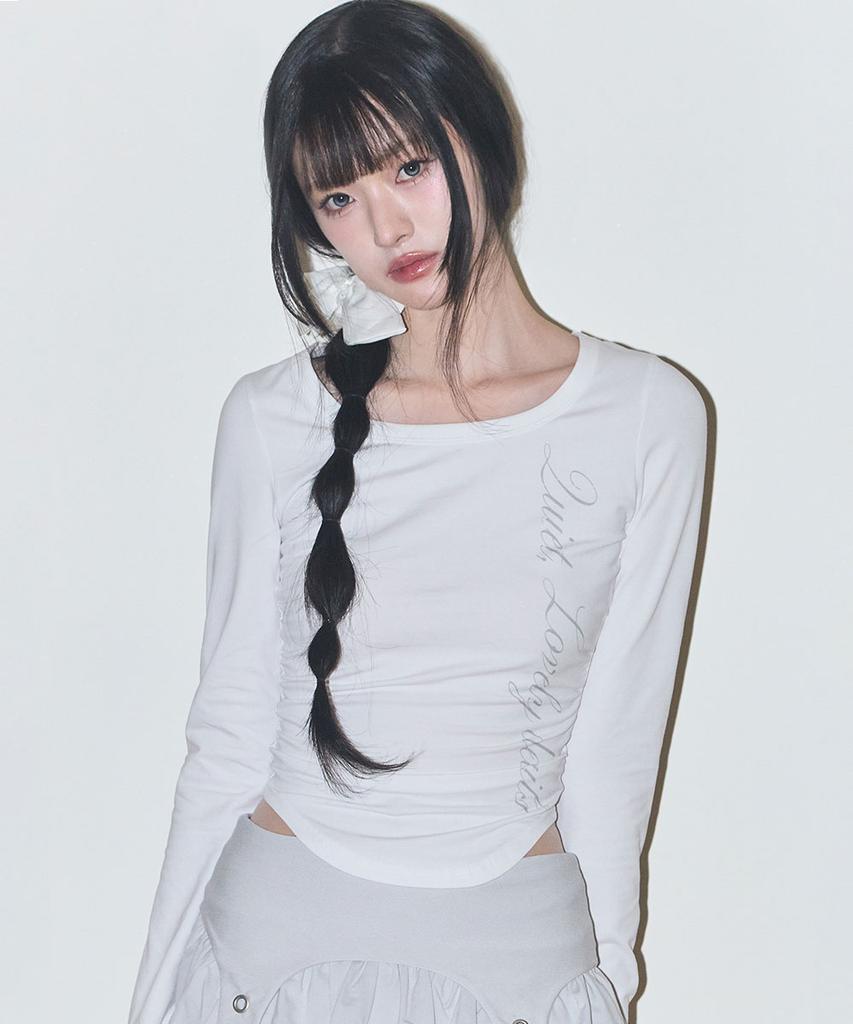 ILLIGO Lettering Slim Shirred Long Sleeve White