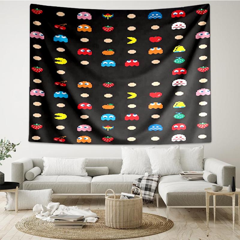 Pac-Man Print Tapestry, Backdrop, Easy Setup, Ideal for Bedroom, Office & Living Room, with Aesthetic Wall Hanging Decor.