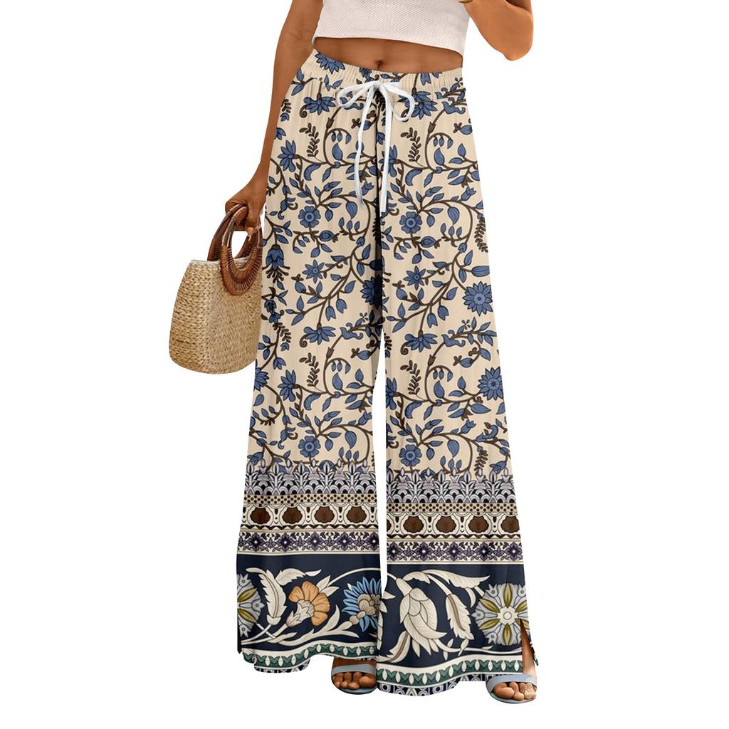 Женские летние брюки-палаццо в стиле бохо с высокой талией, широкие повседневные брюки с цветочным принтом и карманами