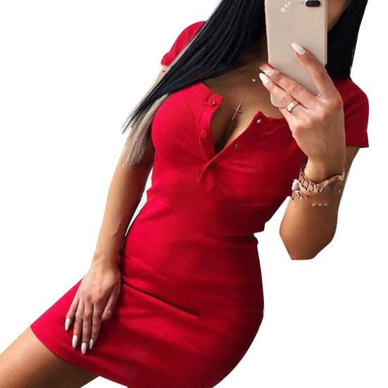 Сексуальное женское трикотажное мини-платье с коротким рукавом и V-образным вырезом на груди, ребристые облегающие платья