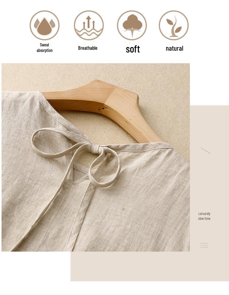 2025 Summer Literary Loose Cotton Linen Dress - Women's Solid Color, Round Neck, Short Sleeve, Mid-Length