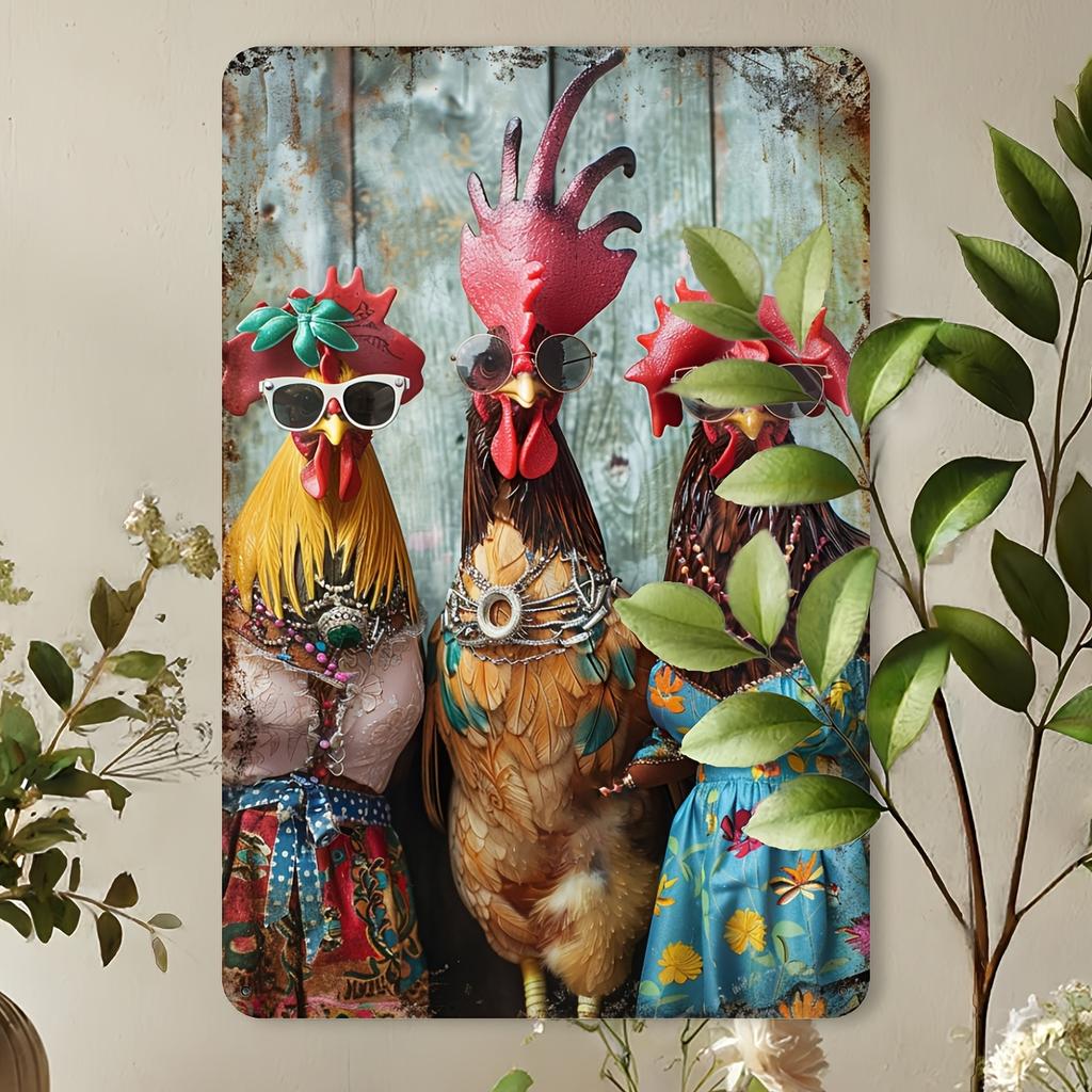 Chic Vintage Chicken Tin Sign, Fashionable Rooster Wall Decor, Iron Foil Engraving Art for Home