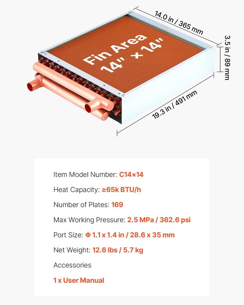 Water to Air Heat Exchanger, 356 x 356 mm Finned Tube HVAC Heat Exchanger Coil with Copper Tubes & Aluminum Fins, 65K BTU Output for Outdoor Wood