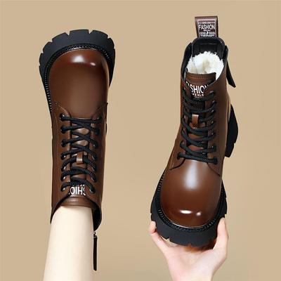 Женские зимние ботинки из натуральной кожи с мехом - Теплые, на толстой подошве, в стиле Мартин, Короткие зимние ботинки с велюровой подкладкой.