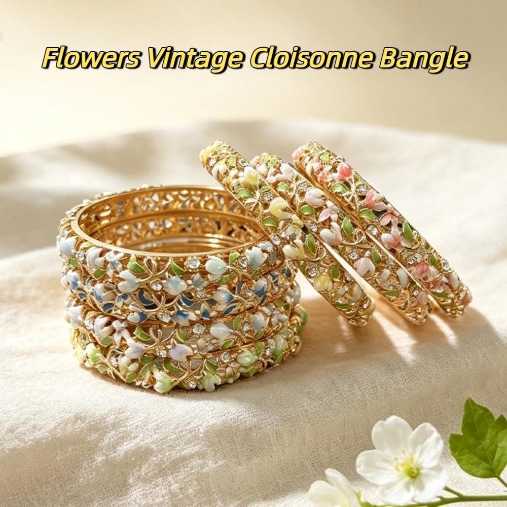 Hollowed Floral Chinese Flower Bangle Enamel Women's Hand Bracelet Vintage Cloisonne Bangle Ladies
