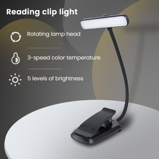 24 LED Rechargeable Book Light for Reading in Bed Stepless Dimming Clip Reading Light with 3 Colors And 5 Brightness for Studying